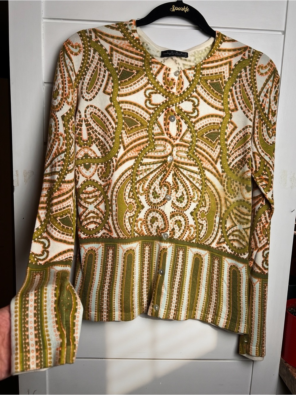Pierri New York Beaded Paisley Cardigan Sweater - Size L - Olive Green/Orange